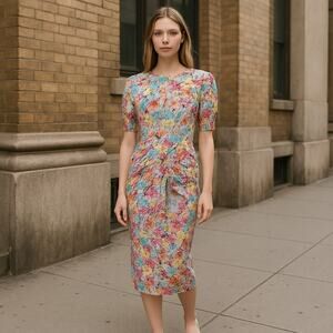 Vintage Just For Wraps California Abstract Watercolor Print Ruched Midi Dress